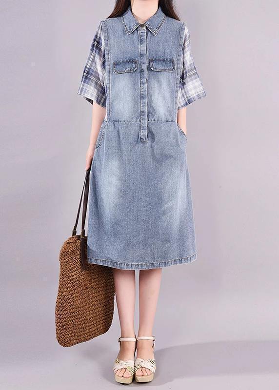 Women cotton quilting clothes Fine Plaid Spliced Denim Fake Two Piece Dress - SooLinen