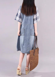 Women cotton quilting clothes Fine Plaid Spliced Denim Fake Two Piece Dress - SooLinen