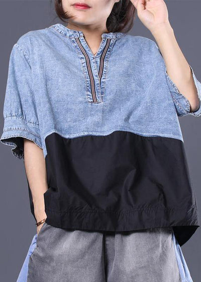 Women cotton shirts women Women Cotton V-Neck Spliced Pleated Short Sleeve Blouse - SooLinen