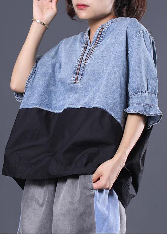 Women cotton shirts women Women Cotton V-Neck Spliced Pleated Short Sleeve Blouse - SooLinen