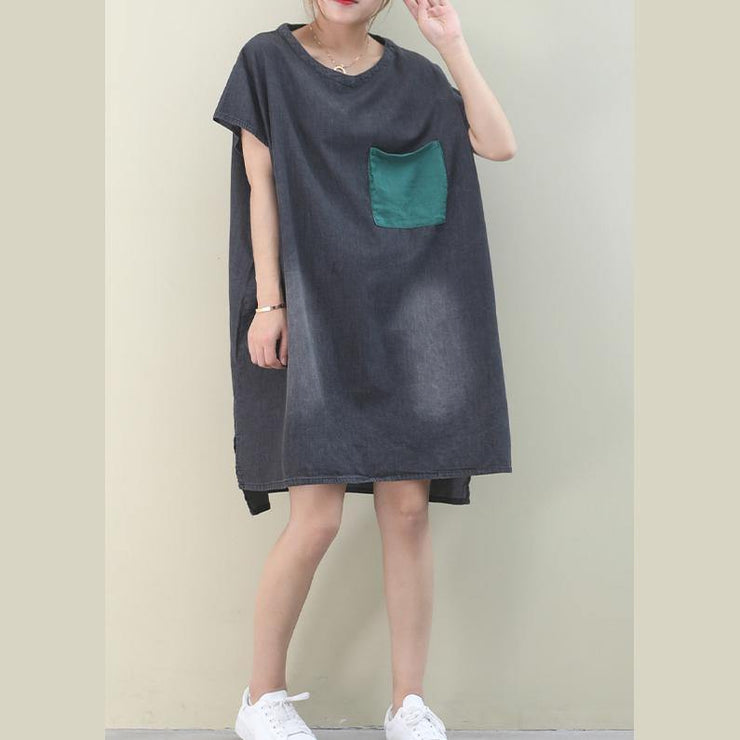 Women denim black Cotton clothes Women o neck green pockets Midi Dresses - SooLinen