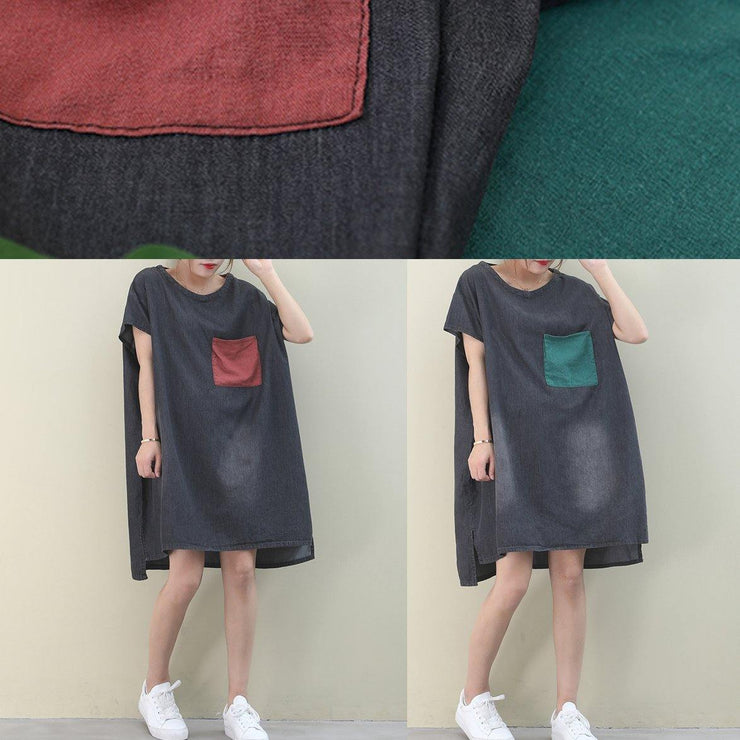 Women denim black Cotton clothes Women o neck green pockets Midi Dresses - SooLinen