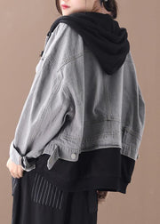 Women denim blue patchwork black Fine tunic coats hooded pockets coat - SooLinen