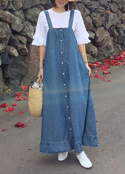 Women denim blue quilting dresses Spaghetti Strap Ruffles loose Dresses - SooLinen