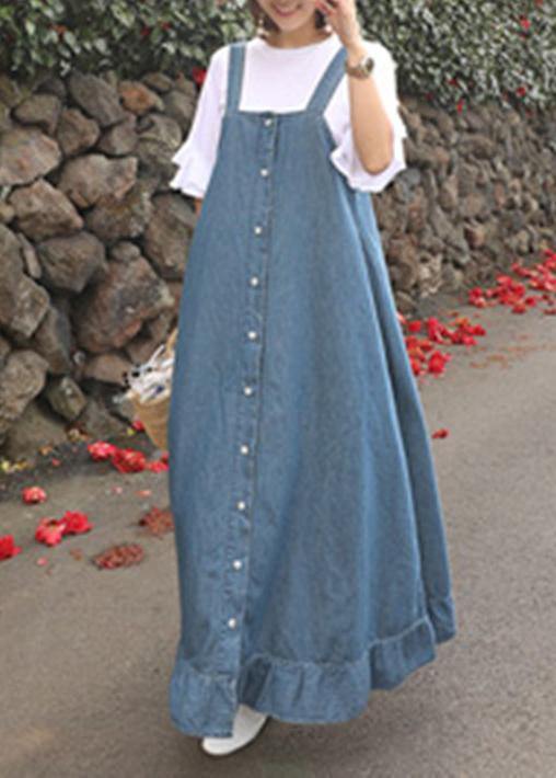 Women denim blue quilting dresses Spaghetti Strap Ruffles loose Dresses - SooLinen