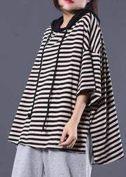 Women drawstring hooded cotton tunic pattern Tunic Tops black striped blouse summer - SooLinen