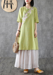 Women embroidery Chinese Button linen Catwalk green Dress - SooLinen