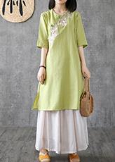 Women embroidery Chinese Button linen Catwalk green Dress - SooLinen