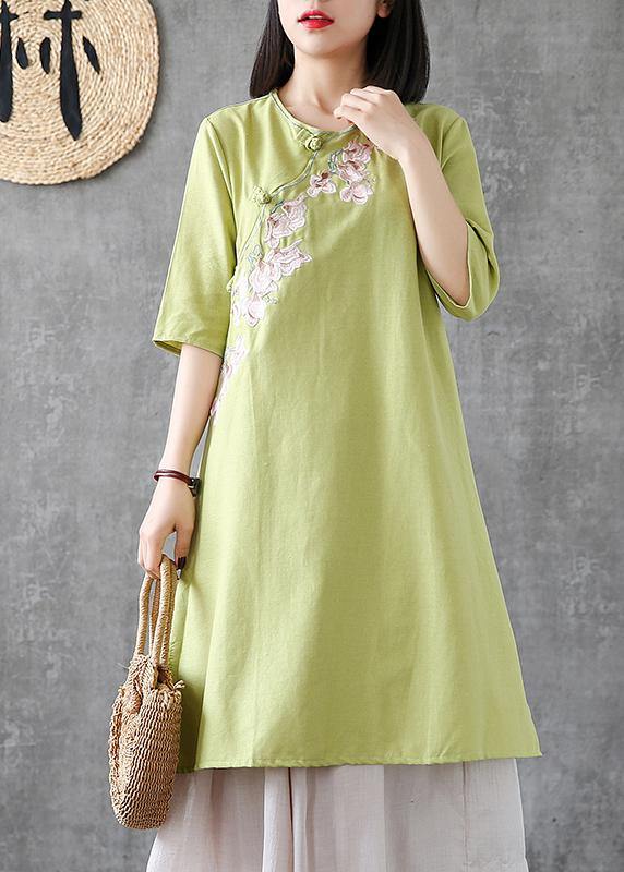 Women embroidery Chinese Button linen Catwalk green Dress - SooLinen