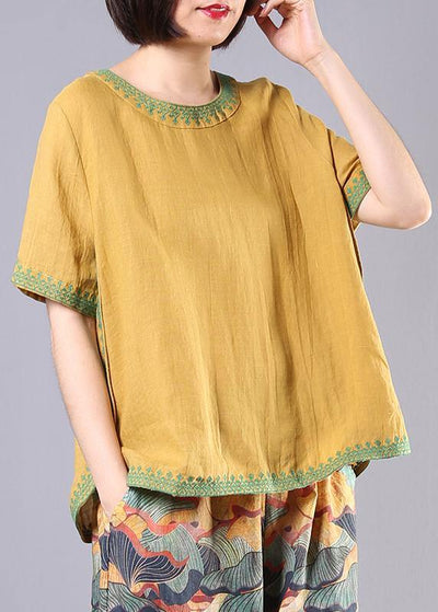 Women embroidery cotton linen Tunic yellow loose shirts summer - SooLinen