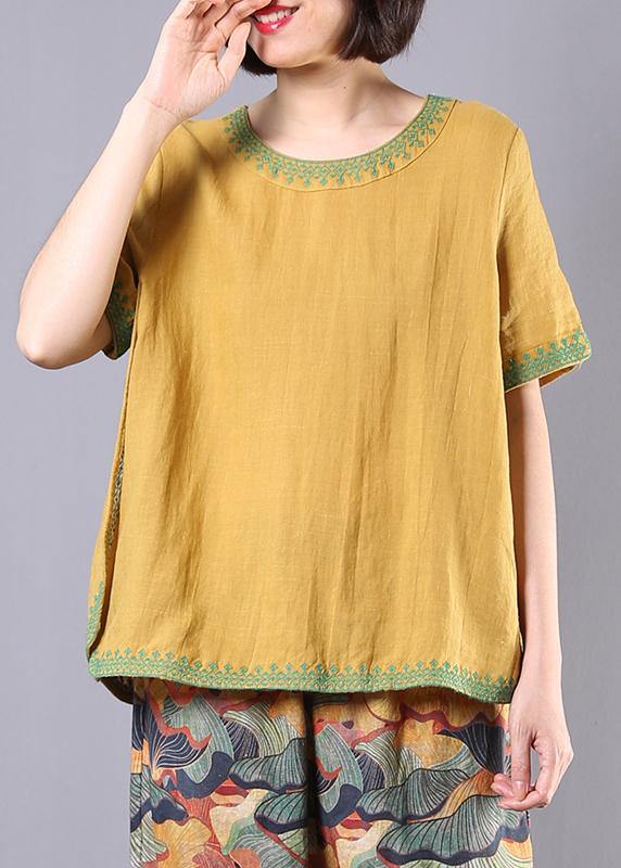 Women embroidery cotton linen Tunic yellow loose shirts summer - SooLinen