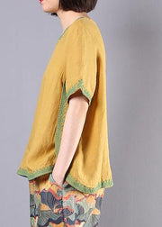 Women embroidery cotton linen Tunic yellow loose shirts summer - SooLinen