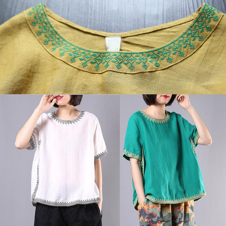 Women embroidery cotton linen Tunic yellow loose shirts summer - SooLinen