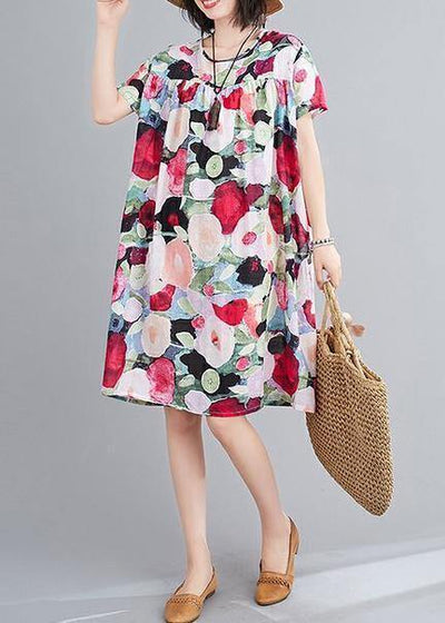 Women floral Cotton Wardrobes o neck Cinched tunic summer Dress - SooLinen