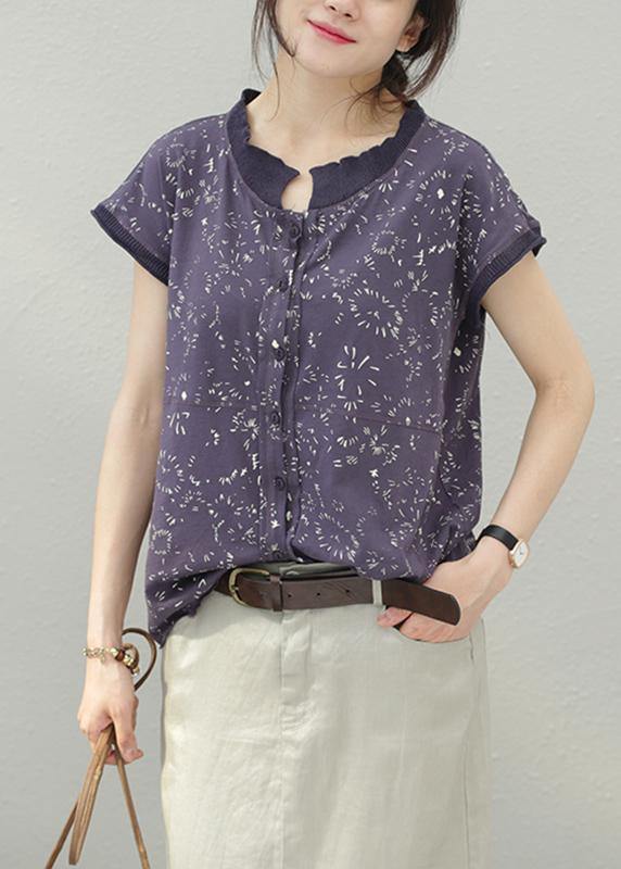 Women floral cotton tops stand collar silhouette summer shirt - SooLinen