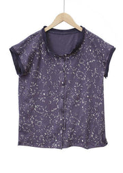 Women floral cotton tops stand collar silhouette summer shirt - SooLinen