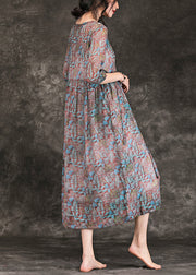 Women floral linen dresses Plus Size Shirts v neck Three Quarter sleeve Maxi Summer Dress