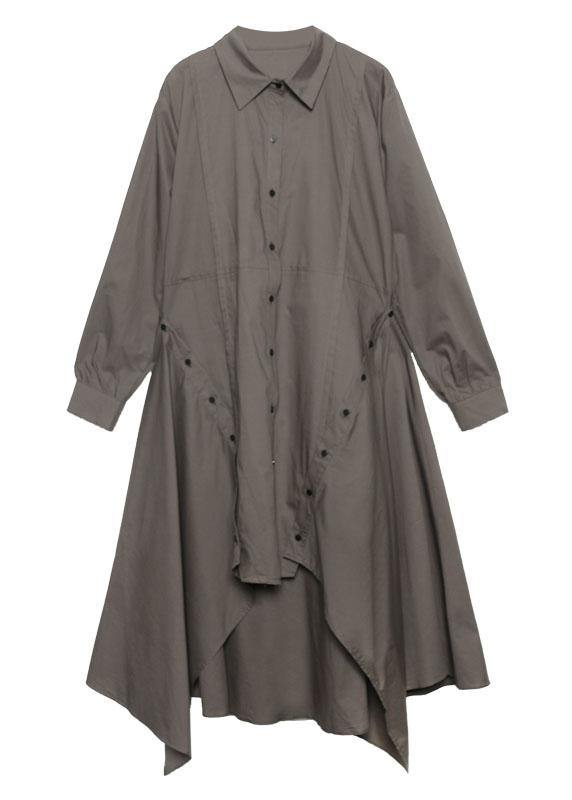 Women gray green Cotton 0lapel collar baggy asymmetric Dresses - SooLinen