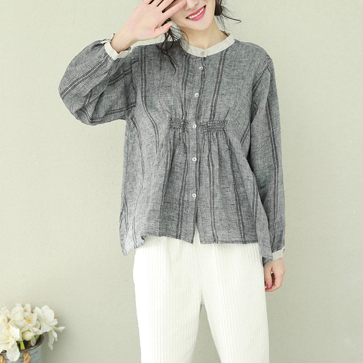 Women gray linen clothes For Women Omychic Wardrobes stand collar tunic blouses