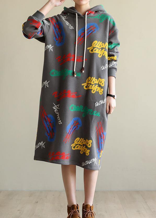 Women gray prints cotton Tunic warm Robe hooded Dress - SooLinen