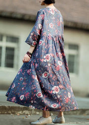 Women gray purple print cotton linen quilting clothes o neck large hem long spring Dress - SooLinen