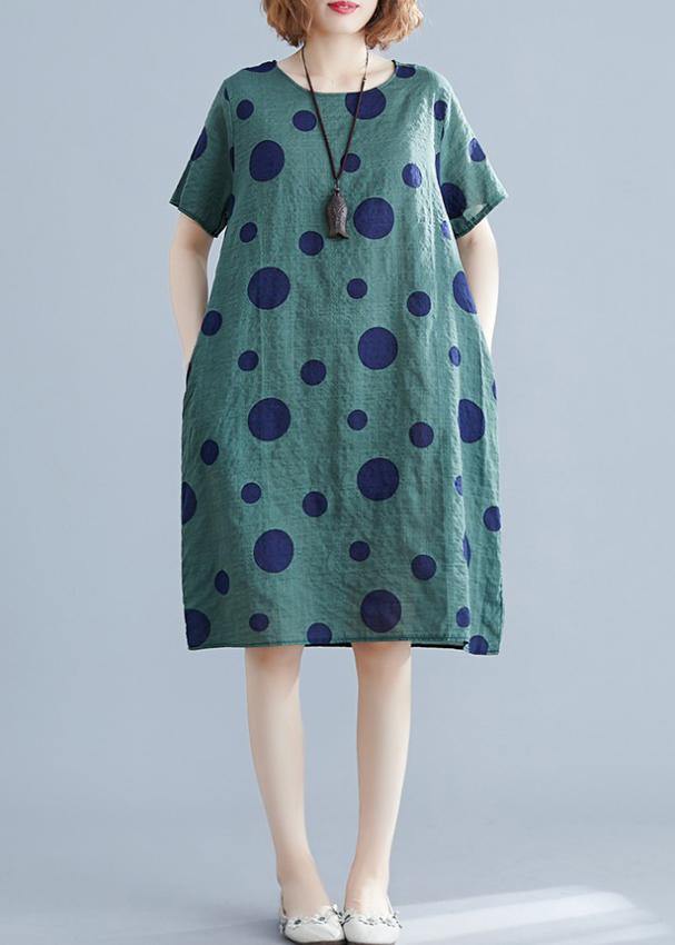 Women green dotted Cotton Tunic o neck pockets loose Dress - SooLinen