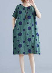 Women green dotted Cotton Tunic o neck pockets loose Dress - SooLinen