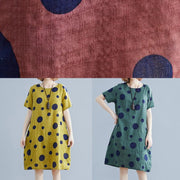 Women green dotted Cotton Tunic o neck pockets loose Dress - SooLinen