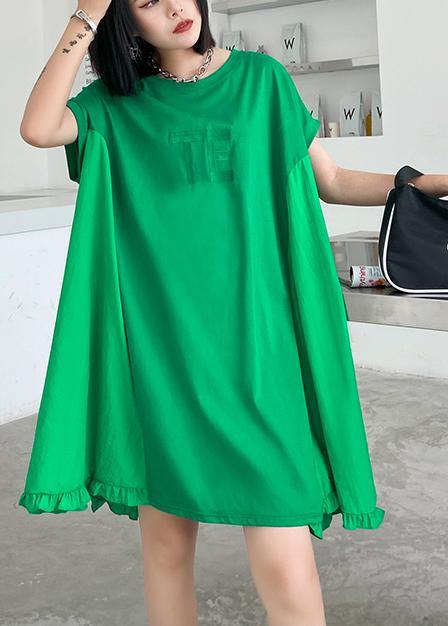 Women green embroidery Cotton Tunics o neck Midi summer Dress - SooLinen