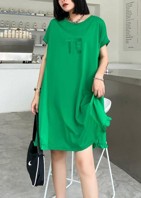 Women green embroidery Cotton Tunics o neck Midi summer Dress - SooLinen