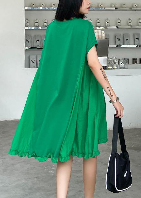 Women green embroidery Cotton Tunics o neck Midi summer Dress - SooLinen