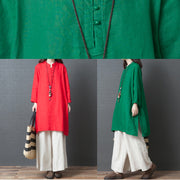 Women green linen outfit Casual Fabrics Chinese Button short side open Dress