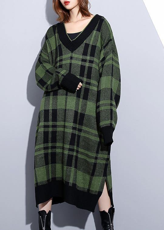 Women green plaid Cotton Long Shirts side open daily v neck Dress - SooLinen