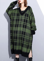 Women green plaid Cotton Long Shirts side open daily v neck Dress - SooLinen