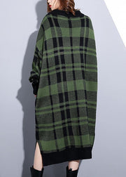 Women green plaid Cotton Long Shirts side open daily v neck Dress - SooLinen