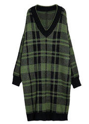 Women green plaid Cotton Long Shirts side open daily v neck Dress - SooLinen