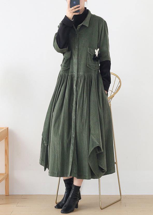 Women green quilting clothes lapel false two pieces A Line Dress - SooLinen