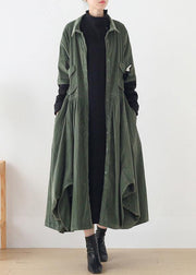 Women green quilting clothes lapel false two pieces A Line Dress - SooLinen