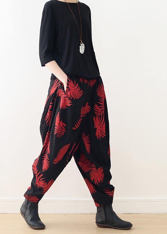 Women harem pants asymmetric cotton pattern plus size Inspiration black red Maxi pants - SooLinen