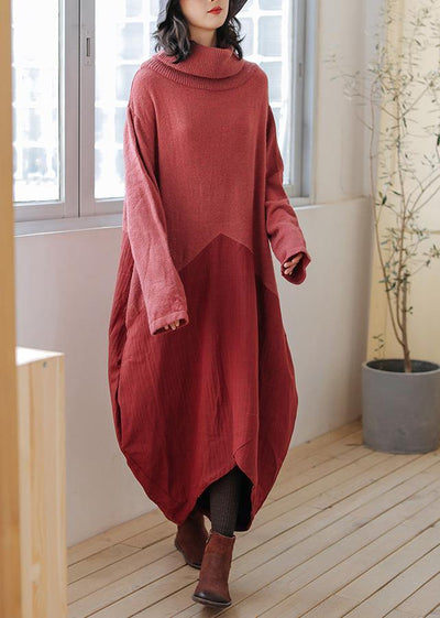 Women high neck asymmetric Sweater outfits Street Style red Fuzzy sweater dress - SooLinen