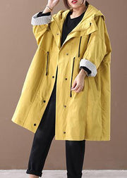 Women hooded drawstring pockets fine clothes For Women yellow loose jackets - SooLinen