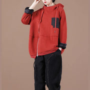 Women hooded patchwork clothes For Women Work Outfits red thick shirt - SooLinen