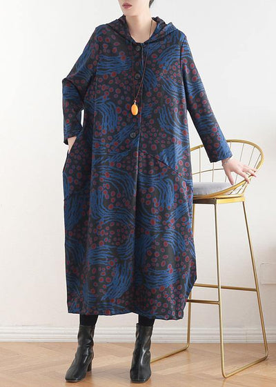 Women hooded patchwork fine coat for woman blue print tunic coats fall - SooLinen