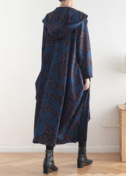 Women hooded patchwork fine coat for woman blue print tunic coats fall - SooLinen