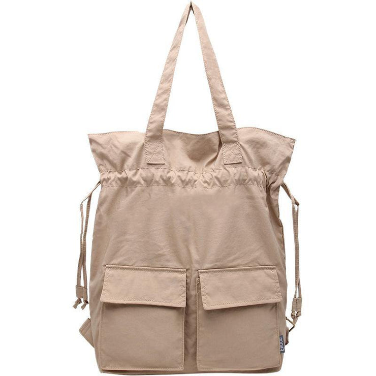 Women khaki Quotes Double Front Pockets Simple Drawstring Backpacks - SooLinen