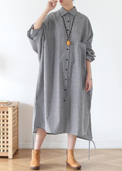 Women lapel Batwing Sleeve fall tunic pattern Fashion Ideas black striped Plus Size Dresses - SooLinen