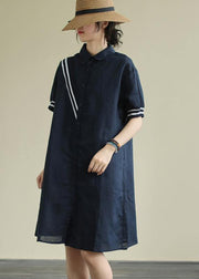 Women lapel Button Down linen summer Robes design navy striped Dresses - SooLinen