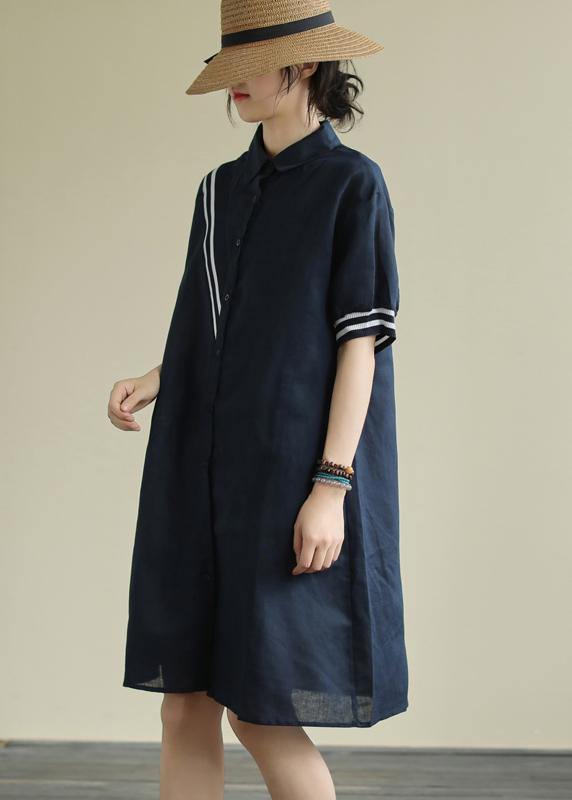 Women lapel Button Down linen summer Robes design navy striped Dresses - SooLinen