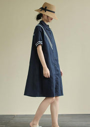 Women lapel Button Down linen summer Robes design navy striped Dresses - SooLinen