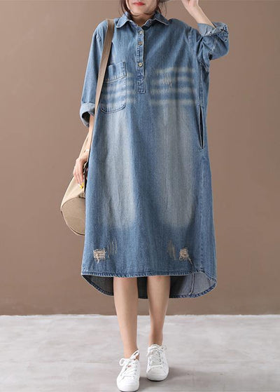 Women lapel Hole spring outfit Shape denim blue Dresses - SooLinen